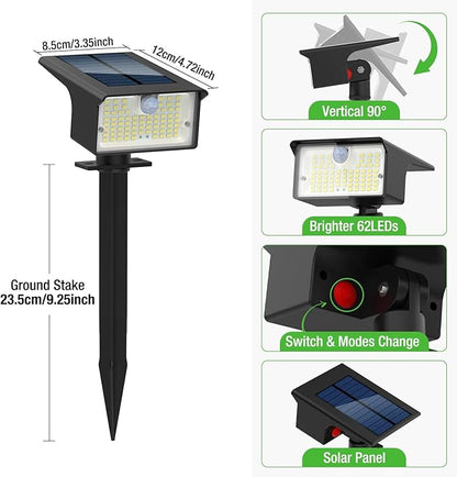 nipify 2 Pack 62 LED Solar Spot Lights Outdoor Motion Sensor with 3 Modes | 2-in-1, Auto ON/OFF, Solar Powered, Waterproof Landscape Spotlights for Outside Yard Wall Garden, Cool White