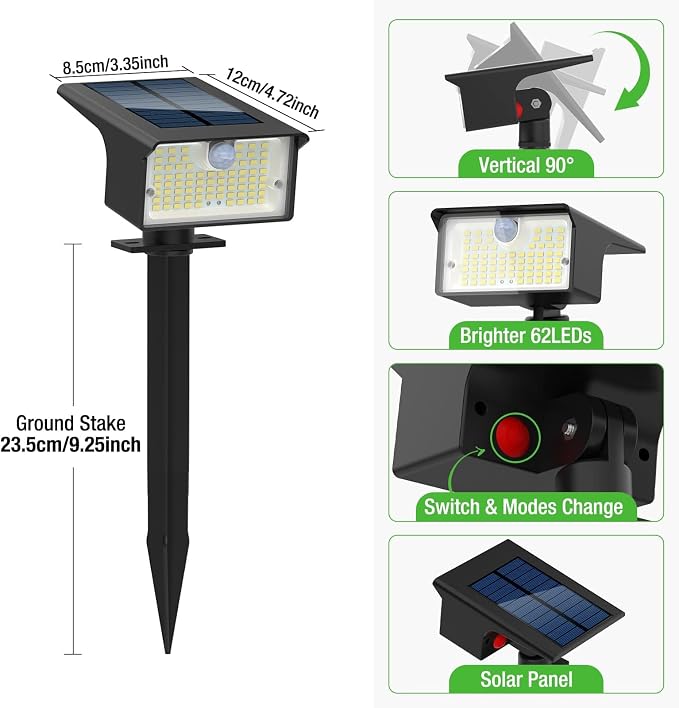 Nipify Solar Spot Lights Outdoor Motion Sensor, [6 Pack/62 LED]3 Modes Solar Landscape Spotlights Outdoor Waterproof, 2-in-1 Solar Lights Outdoor Wall Lights for Yard Garden Patio Pathway, Cool White | 2-in-1, Auto ON/OFF, Solar Powered, Waterproof Lan...