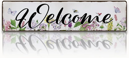 Garden Metal Tin Sign, Floral Watercolor Welcome Sign, Vintage Farmhouse Outdoor Wall Decor, for Porch Patio Fence Door Garden Entryway, Gift for Gardening Lover, 15.7 x 3.9 Inches