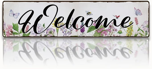 Garden Metal Tin Sign, Floral Watercolor Welcome Sign, Vintage Farmhouse Outdoor Wall Decor, for Porch Patio Fence Door Garden Entryway, Gift for Gardening Lover, 15.7 x 3.9 Inches