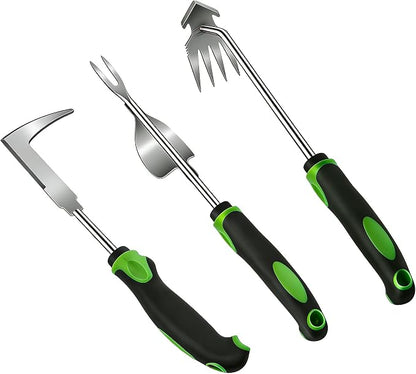 3 Piece Weeding Tool Set, Stainless Steel Hand Weeder Kit with Rubber Handles, Crack Weeder, Weed Puller and Crevice Tool for Lawn, Flower Beds, Sidewalk Cracks, Patio and Between Pavers