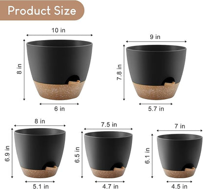 YNNICO Plant Pots 10/9/8/7.5/7 inch, Self Watering Planters with Drainage Holes & Saucers for Indoor and Outdoor Plants (Black)