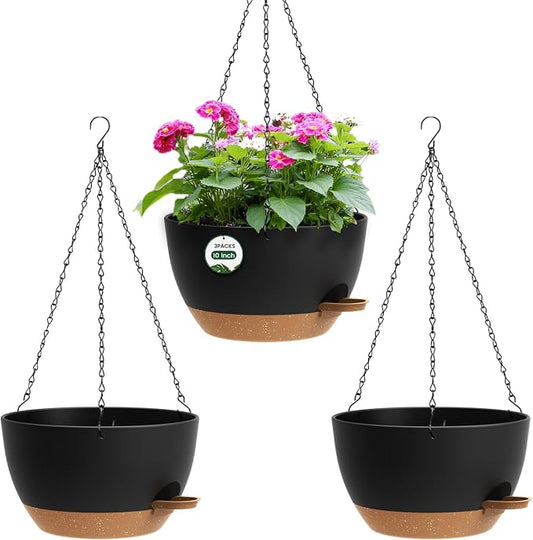 3 Pack 10 Hanging Flower Pots with Chains Self Watering Plastic Planters for Indoor Outdoor Plants, Sturdy Triangular Iron Chain Design for Garden PorchPlastic hanging flower pots (3, Black Brown)