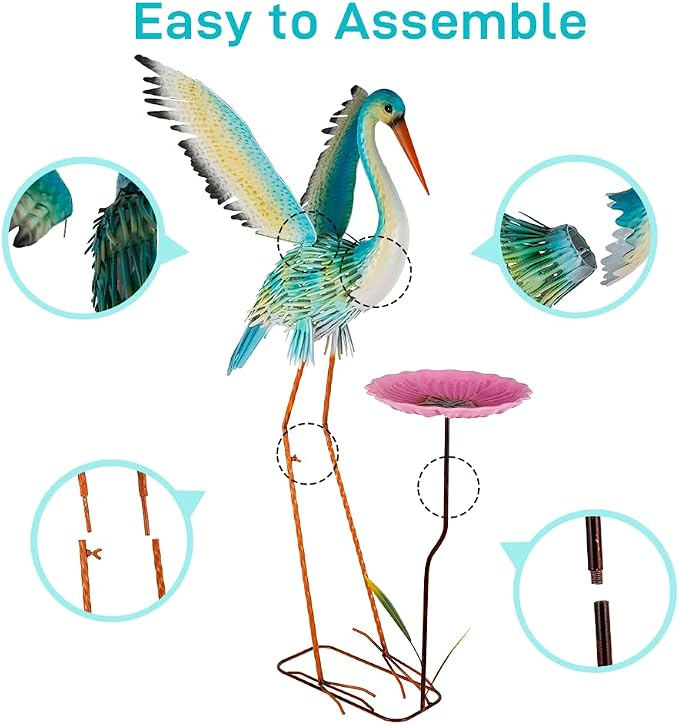 Large Heron Garden Statue for Outside,39" Crane Outdoor Statues with Leaf Tray,Metal Yard Art for Porch Backyard Patio Lawn Decor（Green+Pink）
