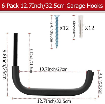 Heavy Duty Garage Storage Hooks, 12.4 Inch Ladder Storage Hanger, Wall Mount Utility Hook for Outdoor Indoor Organizer Folding Chairs, Bike, Tools, Water Pipes