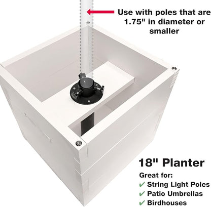 Extra Large Decorative Wooden Planter with Universal Pole Support for String Light Poles, Umbrellas, Bird Feeders. Solid Wood Outdoor Garden Patio Box for Plants or Flowers, 17"x17"x18", White