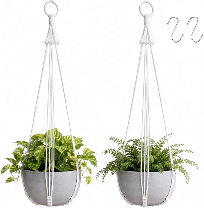 Artilady Macrame Hanging Planters Indoor Plant Hanger, Ivory White | Large, Boho Style, No Tassels, Window Balcony Outdoor Wall Decor