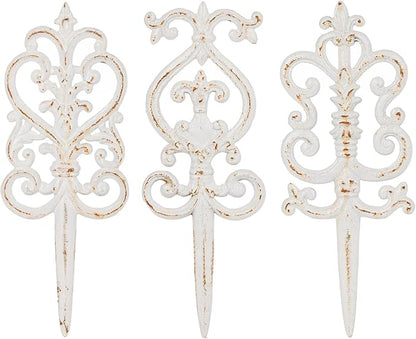 Sungmor Vintage Cast Iron Garden Stakes - 3PCS Ornate Metal Plant Stakes for Yard Art, Patio,Lawn Ornamentation,5.3inch Tall Antique White Finish,Exquisite Garden Decor