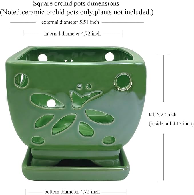Orchid Pots with Holes Square Ceramic Orchid Planter Pots 5.5 inch (Green)