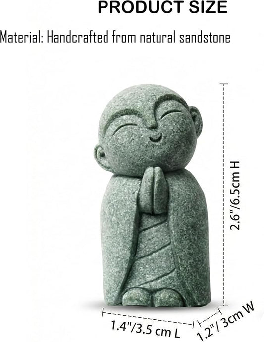 Jizo Statue, Little Monk Buddha Figurines for Zen Garden and Aquarium, Natural Sandstone Sculpture with Tilt Smile, Meditation Decor for Home Office Desk, Grey (Jizo Monk)
