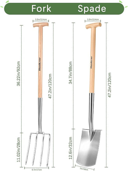 Garden Pitchfork Spade Set, 4-Tine Stainless Steel Pitchfork, 47" Heavy Duty Long Handled Spade with T-Handle/Ergonomic Beech Handle for Digging, Planting, Cultivating, Aerating