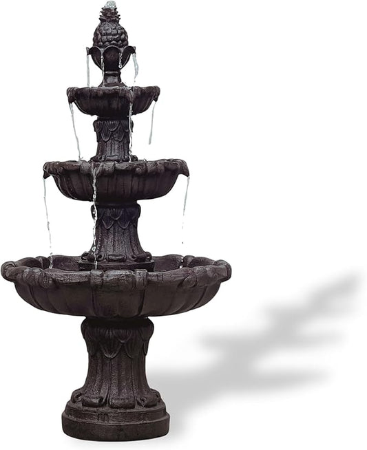 XBrand 58.3" 3-Tier Outdoor Freestanding Water Fountain - Classic Leaf Design, Brown Resin, Large Bird Bath with Pump - Ideal for Yard, Lawn and Garden, Porch Décor