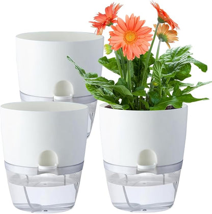Oliz 6" Self Watering Pots for Indoor Plants, 3pk White w/Drainage Holes | Modern Decorative Garden Pots, Orchid Planters with Wick Ropes, African Violet Pots
