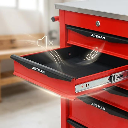 5-Drawer Rolling Tool Chest, Lockable Stainless Worktop for Garage, Red | Heavy Duty Metal Tool Cabinet with Drawers on Wheels for Warehouse and Workshop Storage