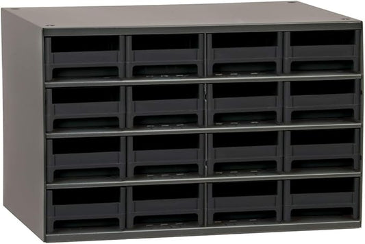 Akro-Mils Steel Garage Storage Cabinet, Small Parts Organizer Metal Cabinet for Hardware, Nails, Screws, Bolts, Nuts, and More, 17" W x 11" D x 11" H, 16-Drawer, Gray Cabinet/Black Drawers (19416)