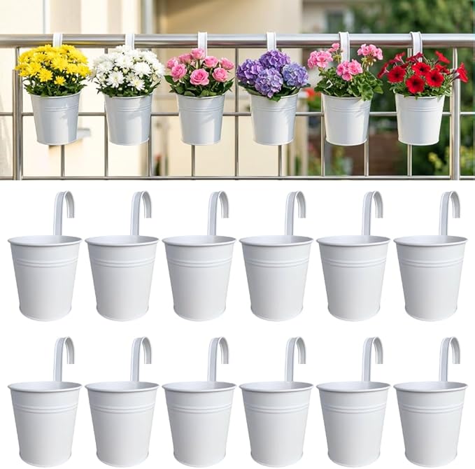 LaLaGreen Round Rail Planter (6 in, 12 Pack) White Metal Iron Flower Pots | Patio rail planters for balcony, apartment, porch, deck, over rail, outdoor plants, flower boxes, plant hangers