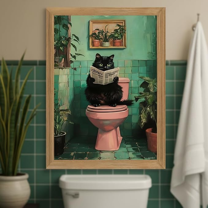 Funny Bathroom Wall Art Black Cat bathroom decor, funny Cat Bathroom Decor Canvas Print, funny Animal bathroom Wall Decor Framed Artwork for Bathroom Home 16x12 Inch
