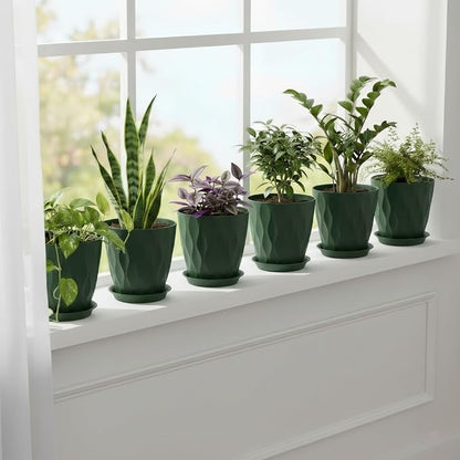 8 Inch Plastic Plant Pots for Plants with Drainage Holes and Saucer, 6 Pack | Planter for Indoor/Outdoor Plants, Modern Decorative Flower Pots for Home, Garden