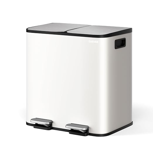 GarveeHome 2 x 4 gal Stainless Steel Double Trash Can with Lid for Kitchen, Large Dual Trash and Recycle Bin Combo, Step-on Kitchen Metal Garbage Cans, PP Inner Buckets, Liner Rim, White