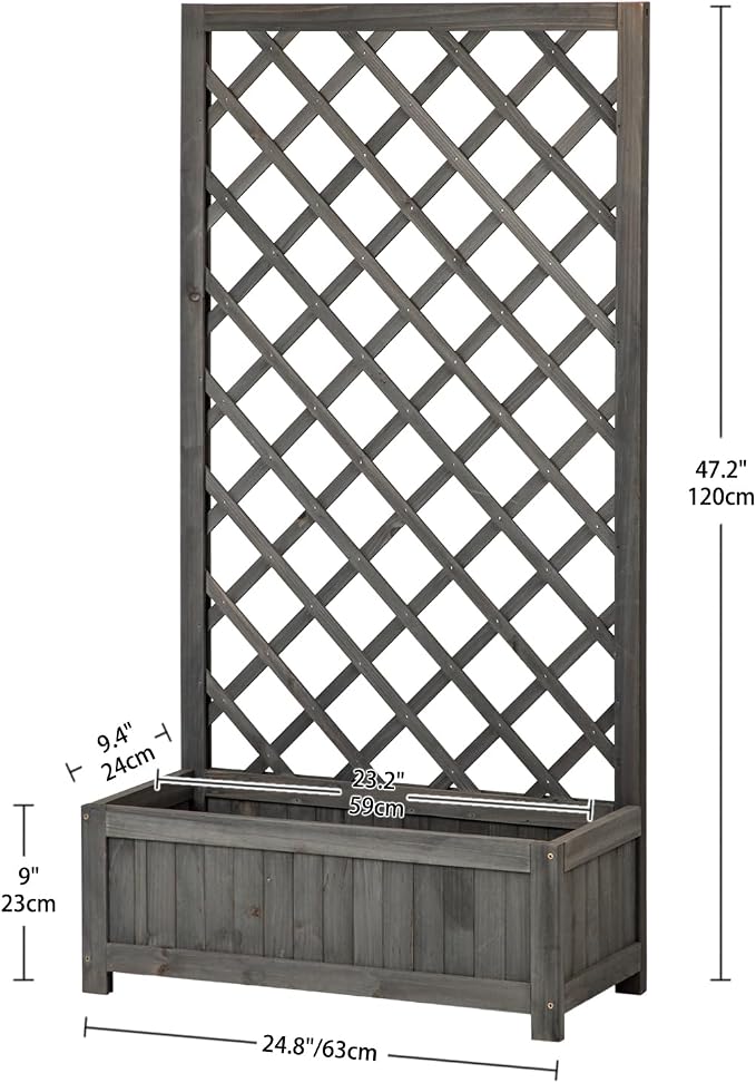 Wooden Raised Garden Bed with Trellis, 47" Outdoor Planter Box for Climbing Plants, Vertical Modern Gray Garden Planter for Vegetables, Flowers & Vines, Lattice Plant Support for Patio Yard Balcony