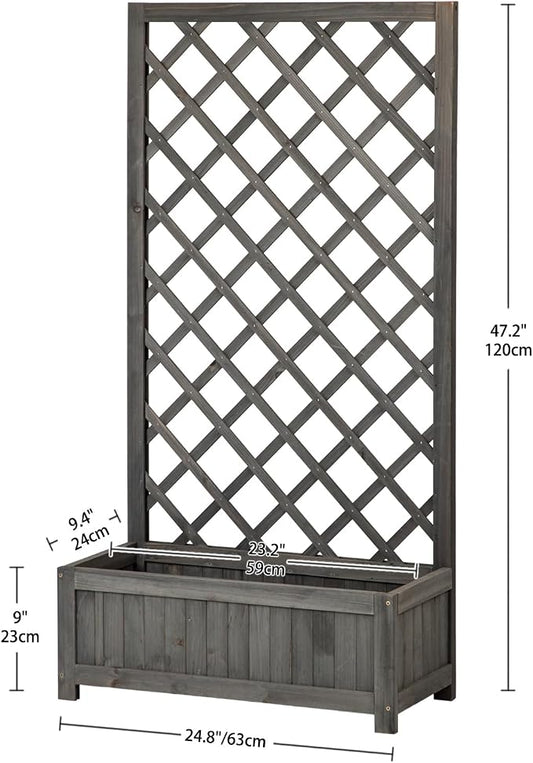 Wooden Raised Garden Bed with Trellis, 47" Outdoor Planter Box for Climbing Plants, Vertical Modern Gray Garden Planter for Vegetables, Flowers & Vines, Lattice Plant Support for Patio Yard Balcony