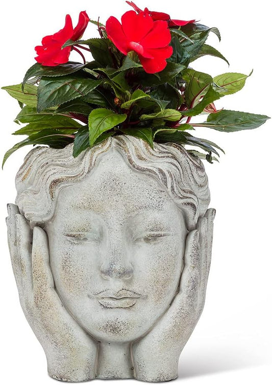 Abbott Collection Medium Head in Hands Planter | For Succulents & Small Plants, Cement, Gray, 8"H, No Drainage Hole