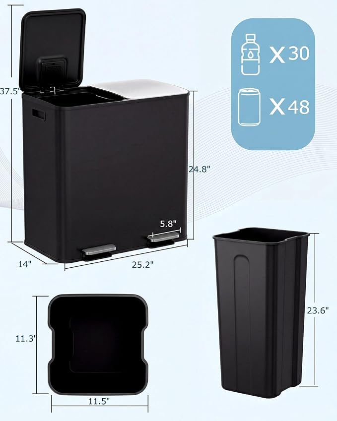 2 x 40L (2 x 10.6 Gallon) Dual Compartment Trash Can, Stainless Steel Kitchen Step Garbage Bin with Soft-Close Lid, Fingerprint-Resistant, Removable Inner Buckets for Waste Sorting,Home,Office