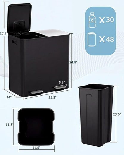 2 x 40L (2 x 10.6 Gallon) Dual Compartment Trash Can, Stainless Steel Kitchen Step Garbage Bin with Soft-Close Lid, Fingerprint-Resistant, Removable Inner Buckets for Waste Sorting,Home,Office
