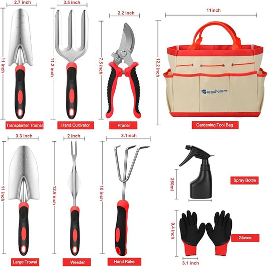 Yesker Gardening Tools 9-Piece Heavy Duty Garden Tool Set Gardening Supplies Gifts for Women Men Gardening Hand Tool Kit with Non-Slip Ergonomic Handle, Garden Bag, Durable Gloves, Pruning Shears, Red