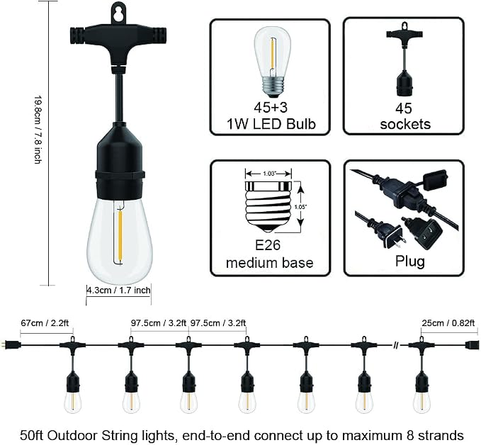 SUFEIMAS Outdoor String Lights LED 150FT with 46 Sockets 48pcs S14 Shattreproof Edison Bulbs,Dimmable LED Outdoor String Lights for Outside, Patio,Backyard, Market, Cafe (2 * 75FT)
