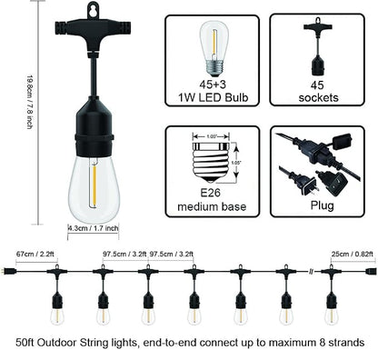 SUFEIMAS Outdoor String Lights LED 150FT with 46 Sockets 48pcs S14 Shattreproof Edison Bulbs,Dimmable LED Outdoor String Lights for Outside, Patio,Backyard, Market, Cafe (2 * 75FT)