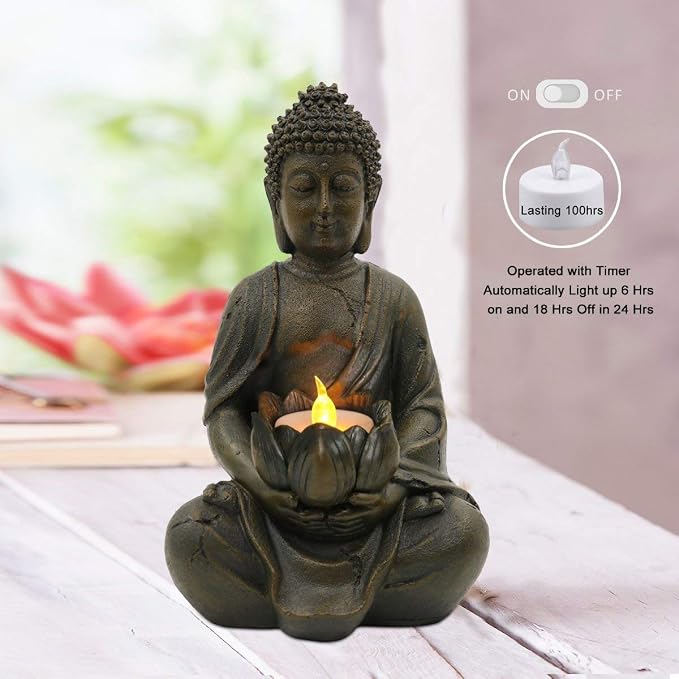 Goodeco Meditation Small Buddha Statue Figurine -Buddha with LED Tea Lights Candle Holder,Gift idea,Zen Home Decor Meditation Accessories 8"