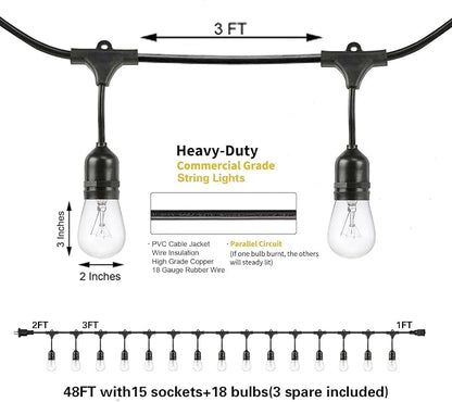 SUNTHIN 2 Pack 48FT Outdoor String Lights,Hanging Incandescent String Lights Commercial Grade Waterproof Patio Light Outside with Dimmable Connectable Edison Glass Bulbs for Bistro,Party,Holiday Decor