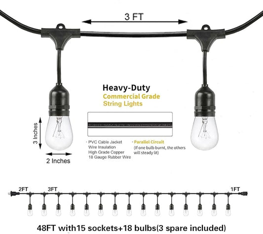SUNTHIN 2 Pack 48FT Outdoor String Lights,Hanging Incandescent String Lights Commercial Grade Waterproof Patio Light Outside with Dimmable Connectable Edison Glass Bulbs for Bistro,Party,Holiday Decor