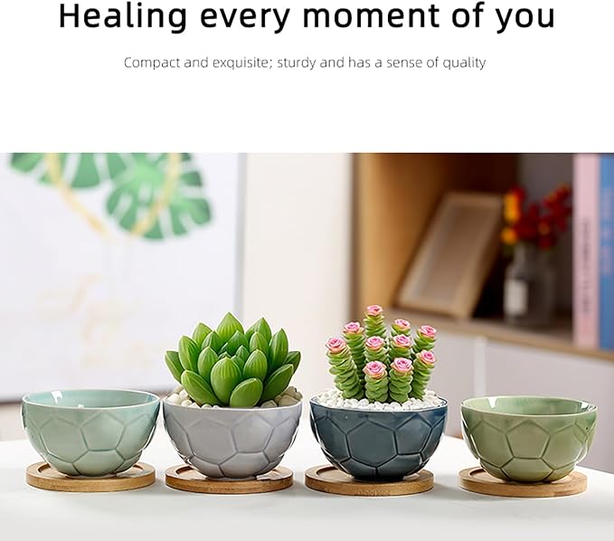 YYW Ceramic Succulent Planter, 4 Pack Cute Garden Pots with Drainage and Attached Saucer