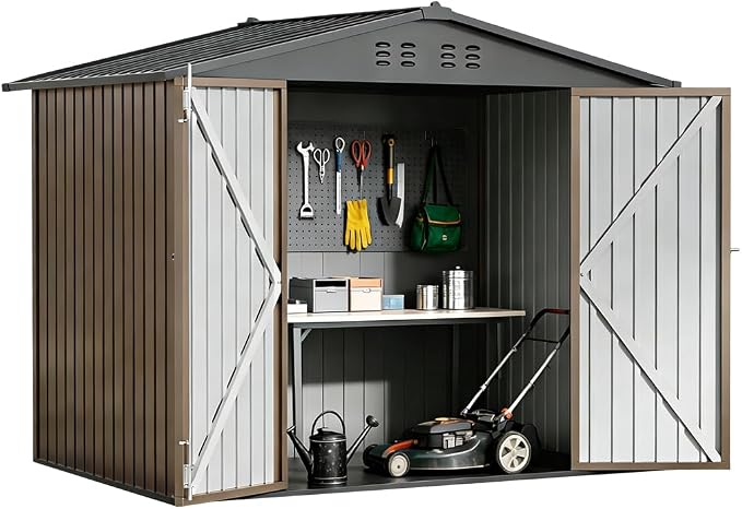 COMHOMA Shed Storage Outdoor Metal Windowed Lockable Weatherproof Ventilated Backyard Garden Utility Workshop(Brown,8'*6')