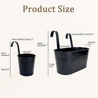 Pack of 4 Metal Hanging Planters for Outdoor Plants, 2 Pcs 4" Round Railing Planter & 2 Pcs 10" Oval Fence Flower Pots for Balcony Garden Decor, Black