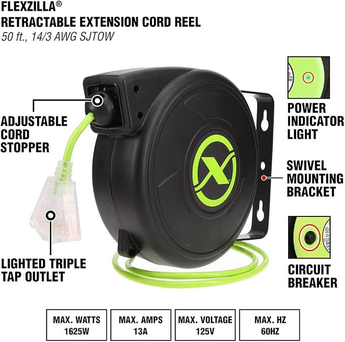 Flexzilla Retractable Extension, 14/3 AWG SJTOW, 50', Grounded Triple Tap Outlet Electric Cord Reel, ZillaGreen, FZ8140503