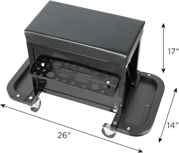 Tool Chest, 3-Drawers Rolling Tool Chest with 2 Foldable Side Trays & Screworivers Supports, Rolling Mechanic Seat with Seat Cushion for Workshop, Warehouse, Capacity 350lbs, Black