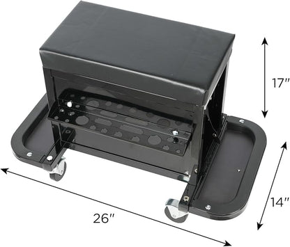 Tool Chest, 3-Drawers Rolling Tool Chest with 2 Foldable Side Trays & Screworivers Supports, Rolling Mechanic Seat with Seat Cushion for Workshop, Warehouse, Capacity 350lbs, Black