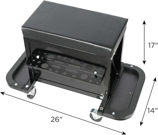 Tool Chest, 3-Drawers Rolling Tool Chest with 2 Foldable Side Trays & Screworivers Supports, Rolling Mechanic Seat with Seat Cushion for Workshop, Warehouse, Capacity 350lbs, Black