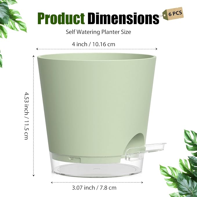 Plant Pots 4 Inch Self Watering Pots,6 Pack Plastic Planters with Drainage Holes and Clear Saucers,Plastic Flower Pots,Nursery Planting Pot for Indoor Out Door Plants (Green)