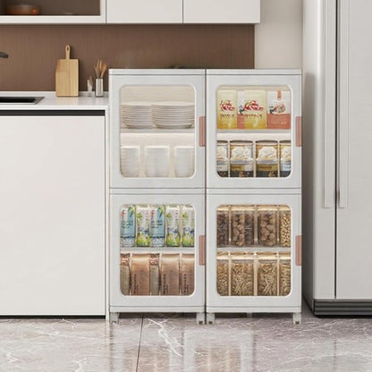 2 Layer Plastic Foldable Bathroom Storage Cabinet with Wheels | Quick Assembly,Magnetic Doors,Adjustable Shelves,Thin Cabinets for Narrow Spaces,Small Space Saver for Laundry Living Room