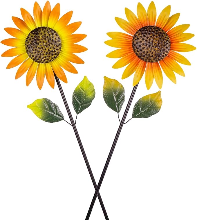 Viveta 2Pack Metal Sunflower Wind Spinner Outdoor,Pinwheels | Kinetic Decorative Wind Sculpture wtih Sturdy Stake, for Yard and Garden