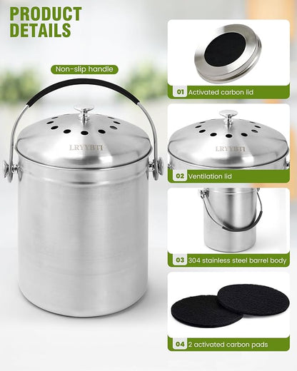 Countertop Compost Bin Kitchen Stainless Steel 1.3 Gallon with Lid, 2 Charcoal Filter for Odorless Composting, Soft-Grip Handle
