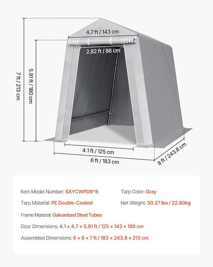 VEVOR 6x8x7 FT Heavy-Duty Portable Outdoor Storage Shed Tent, Waterproof Carport Garage Shelter with Roll-Up Zipper Door & Vents, UV-Resistant Canopy for Motorcycle, Bike, Lawn Mower, Tools, Gray