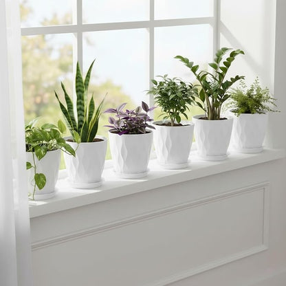 8 Inch Plant Pots Plastic Planters with Drainage Holes & Saucer, 6 Pack | White, 3D Water Ripple Texture, for Indoor Outdoor Plants, Decoration Flower Pots for Garden Home