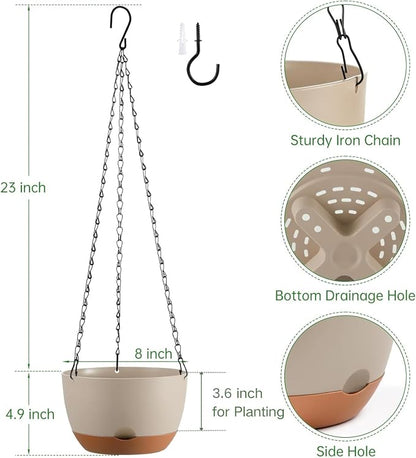 Set of 2 Hanging Planters for Indoor Outdoor Plants, 8 Inch Self-Watering Hanging Flower Pots with Drainage Hole & Removable Water-Storage Tray (Hooks)