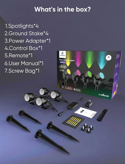 APPECK Landscape Lighting, RGBW Low Voltage Landscape Lights with APP Control, IP65 Waterproof Outdoor Spot Lights, Color Changing Spotlights for Yard, Garden,Trees, Patio & Holiday Decor, 4 Pack