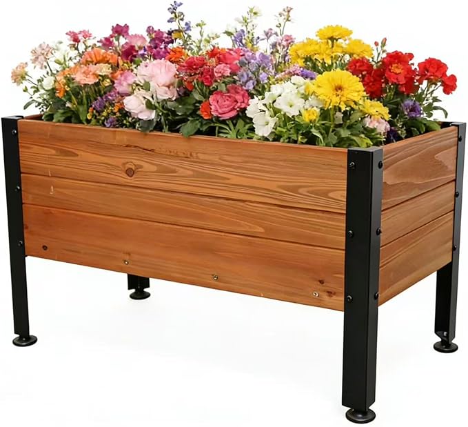 Wooden Rectangular Flower Box with Short Iron Legs, Planting Bed for Flowers and Vegetables, Suitable for Garden and Balcony. Dimensions: 19.7x13.9x12.5 inches